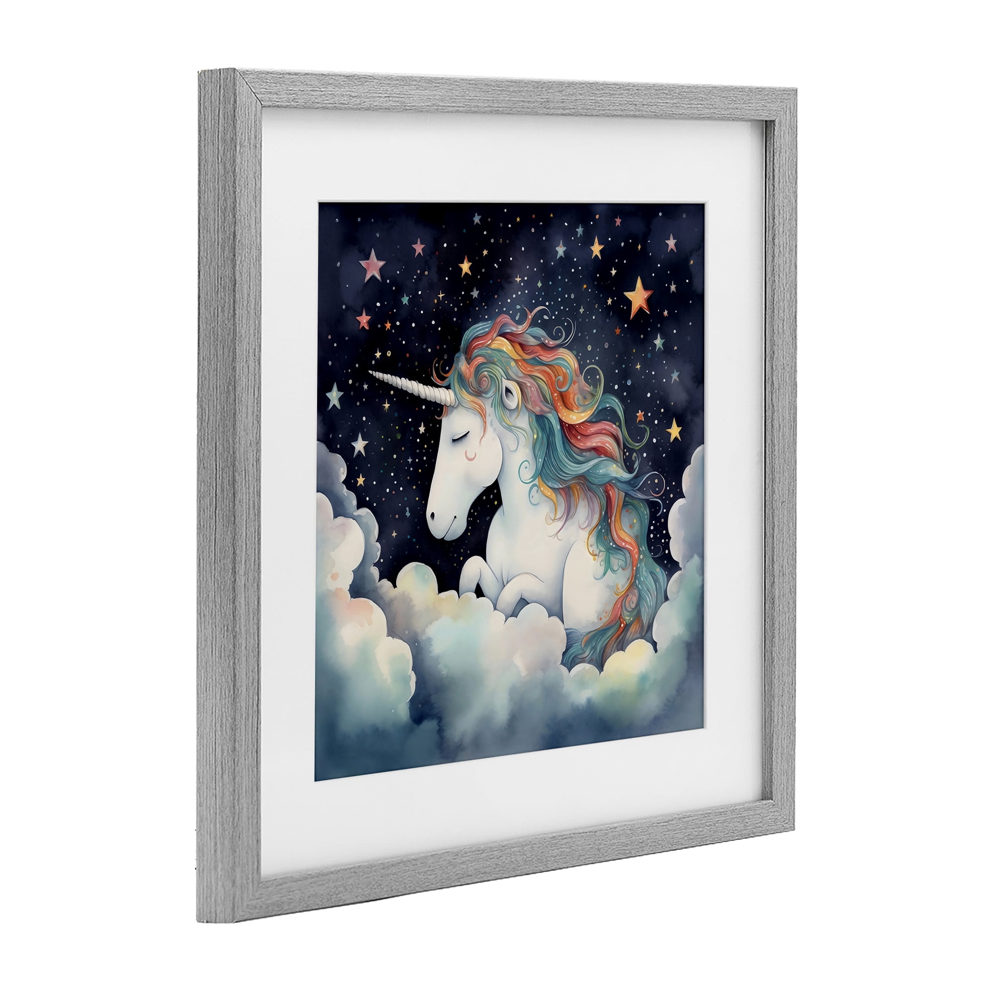 Stupell Industries Sleepy Unicorn in Starlit Clouds Gray Framed Print Under Glass, design by Creative Studio