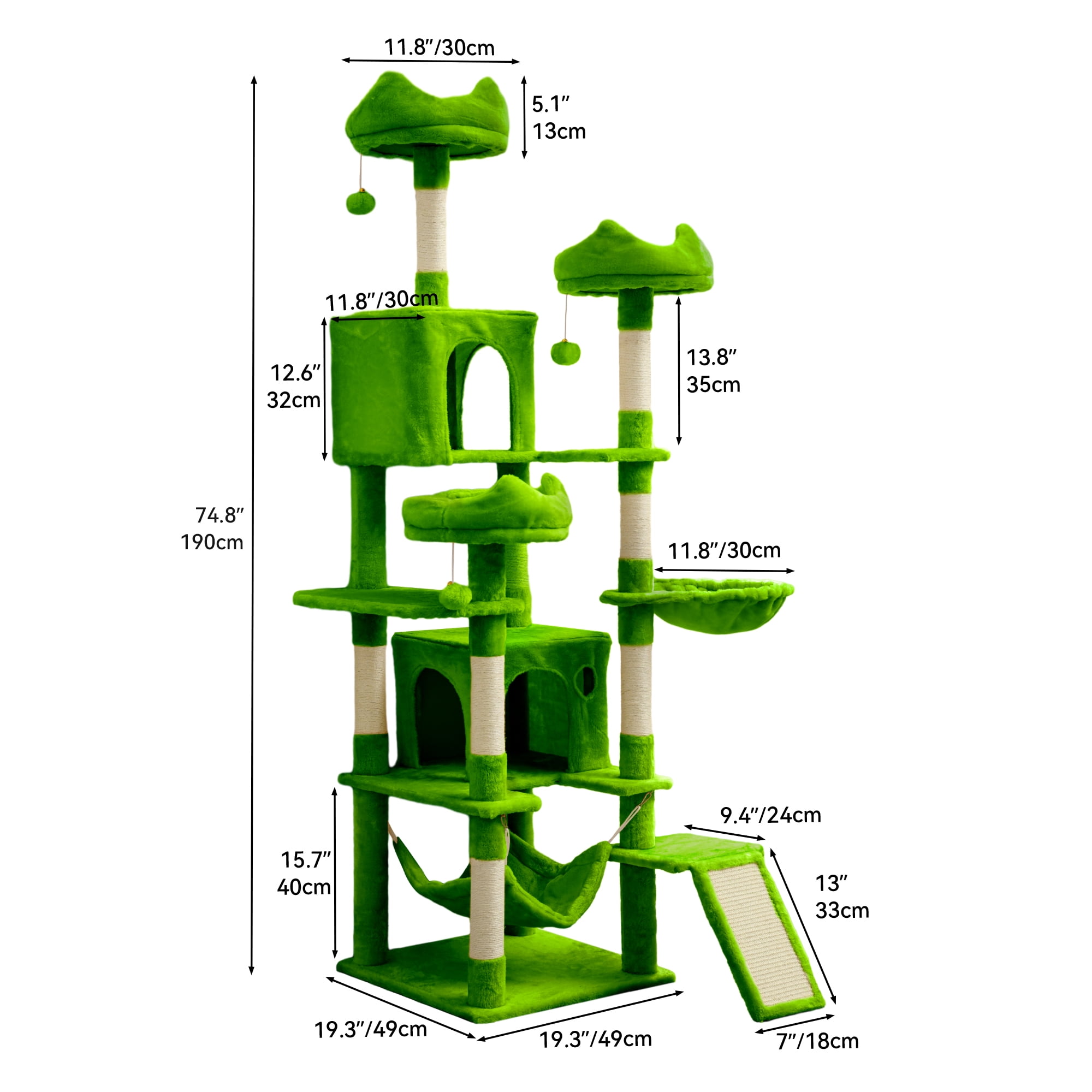 Uforic 75 Inch Multi-Level Cat Tree Tower with 2 Cat Condos, Hammocks, Sisal Scratching Posts & Fluffy Teaser Balls, Green