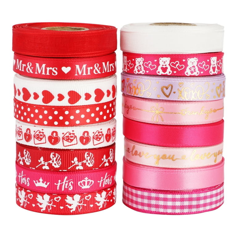 16 Rolls 90 Yards Valentine's Day Ribbons Valentine Ribbon Hearts Ribbon  Printed Grosgrain Ribbons Red Satin Ribbon for Gift Wrapping Valentines Day