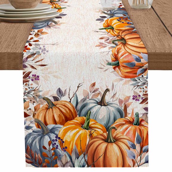 nqOlkjepod Orange Blue Fall Table Runner 60 Inches Long Farmhouse Dress Scarves, Thanksgiving Pumpkins Botanical Rustic Dining Tablerunner for Coffee Table/Kitchen Island/Party Décor, 13" x 60"