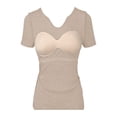thumbnail image 6 of Nestiefly Womens Short Sleeve Shirts with Built in Bra V Neck Basic T-Shirts Workout Yoga Tops Athletic Shelf Bra Tops Padded Beige L, 6 of 7