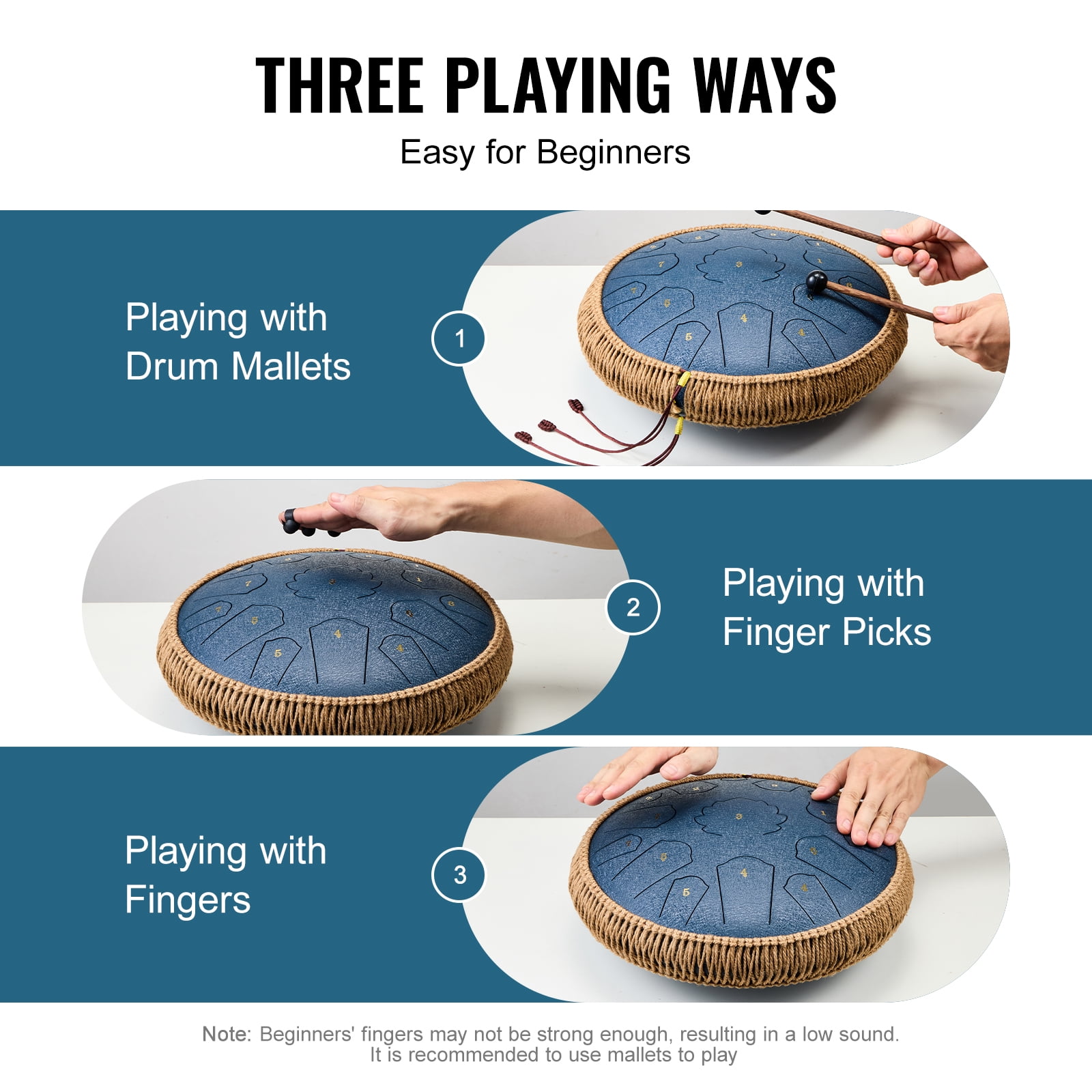 KFFKFF Steel Tongue Drum, 14-inch with 15 Notes, C Major Key, Percussion Instrument for Outdoor Use, Musical Learning, and Yoga, Includes Mallets and Carry Bag, Navy Blue