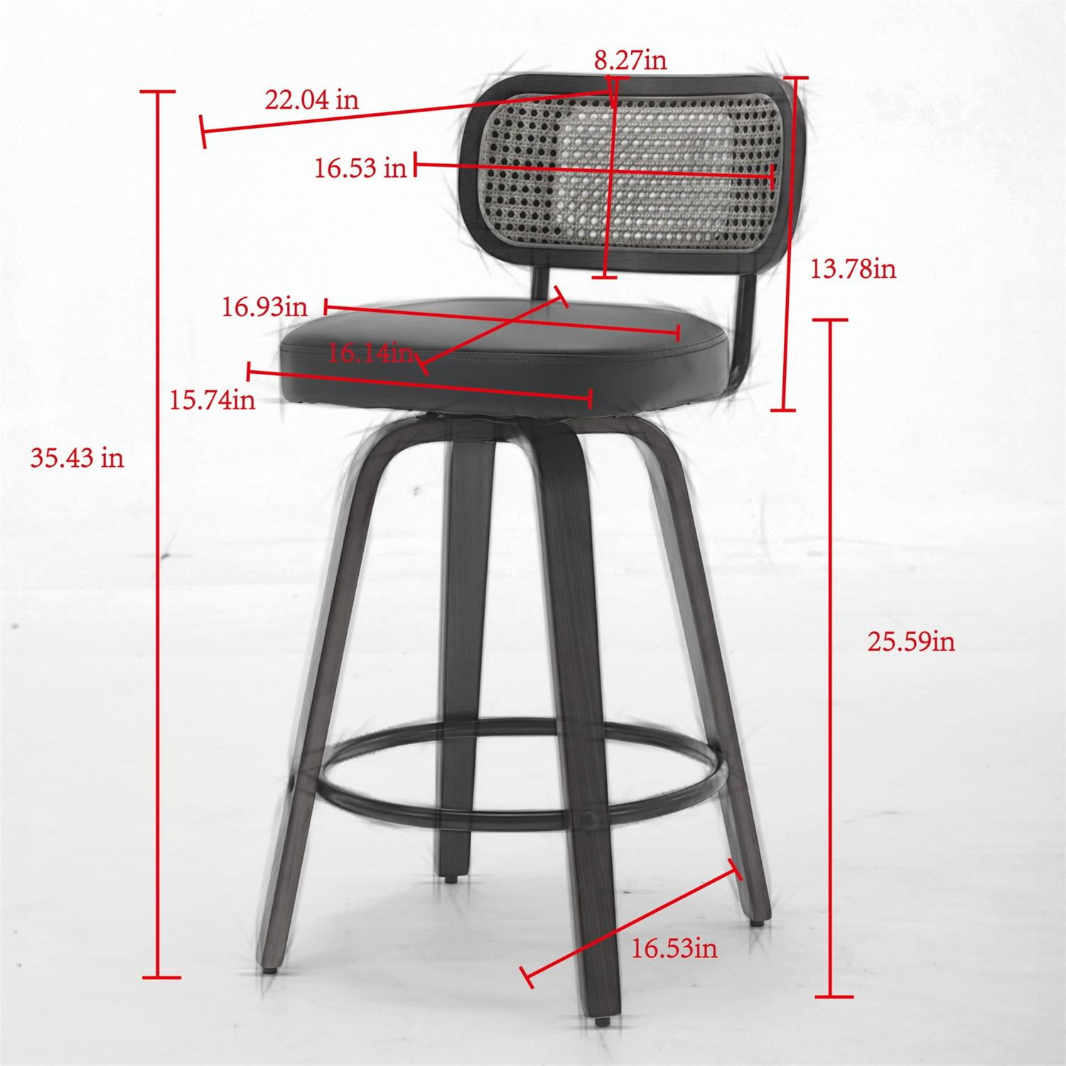 Demi Bonn 35" Swivel Bar Stools Set of 2 with Upholstered Faux Leather, Rattan Back & Bentwood Legs, Counter Height Stools for Kitchen or Bar Seating, Black