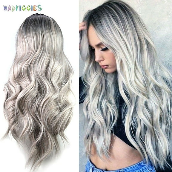 BadPiggies 26" Ladies Full Wig Silver Gray Long Wavy Heat Resistant Synthetic Full Curly Wig for Women Party Cosplay Halloween Costume
