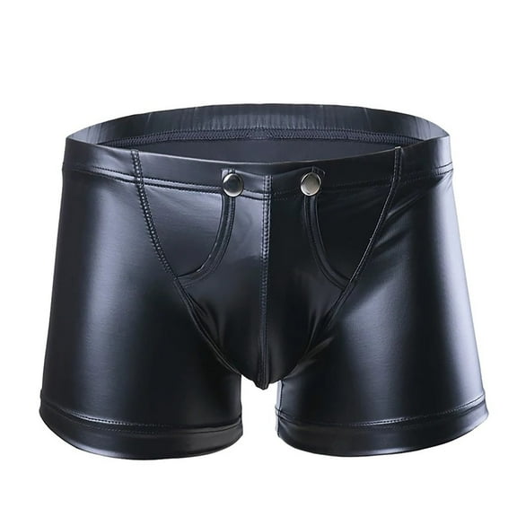 Men Shiny Leather Boxer, Sexy Open Crotch, Soft Matte Leather, Shaping Short Pants