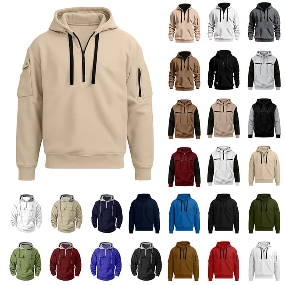 MASRIN Mens 1/4 Zip Pullover Hoodie Drawstring Long Sleeve Hooded Sweatshirts Lightweight Camping Cargo Sweatshirt with Arm Zipper Pockets Blue XXXL