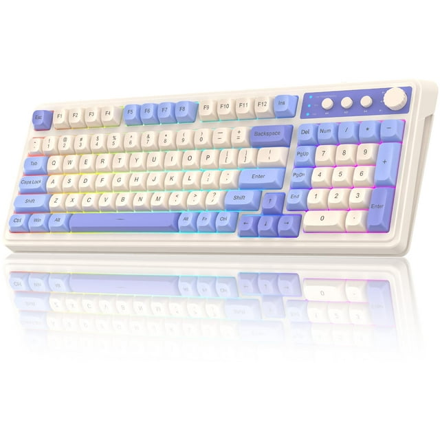 AULA 99 Key Keyboard, a tri-mode Bluetooth/2.4GHz/USB-C gaming keyboard with a purple-beige design, RGB backlit keys, and a media knob. Designed for computer keyboards, it features multi-device connectivity, customizable macros, ergonomic kickstands, and a numeric keypad with retro-style keycaps.
