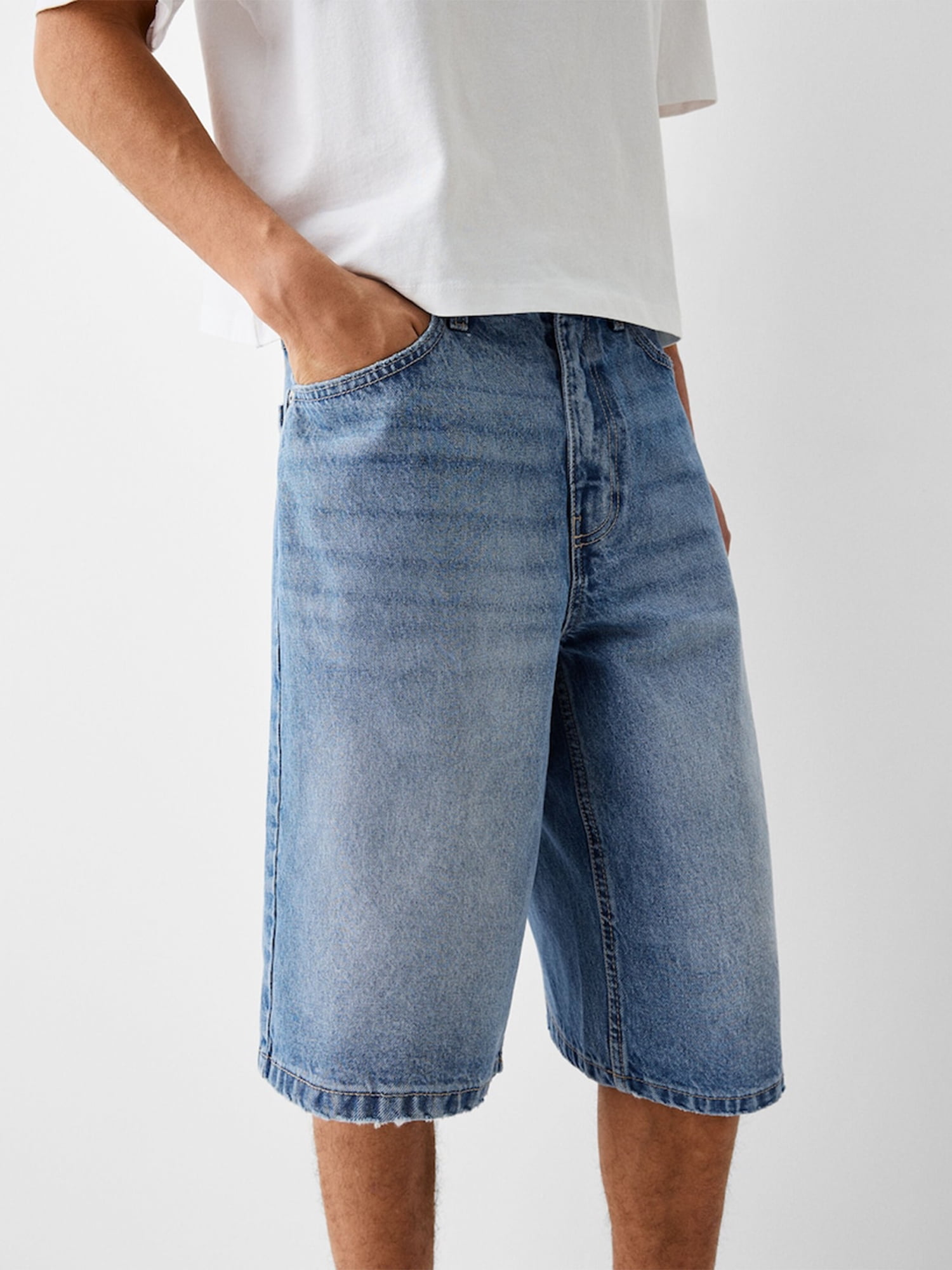 Mens Loose Denim Shorts Baggy Casual Wide Leg Mid Jean