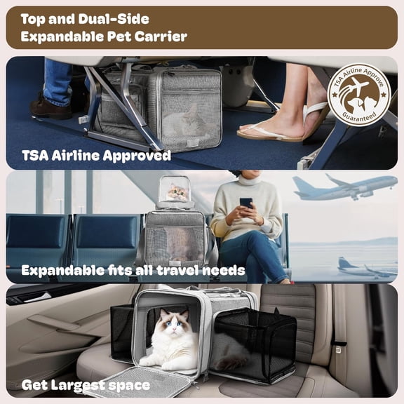 Top and 2 Sides Expandable Cat Carrier 17x11x11, TSA Airline Approved Dog Carriers for Medium Dogs, Soft-Sided Pet Carrier with Self-Locking Zippers for Kitten, Rabbit, Puppy, Guinea Pig Grey