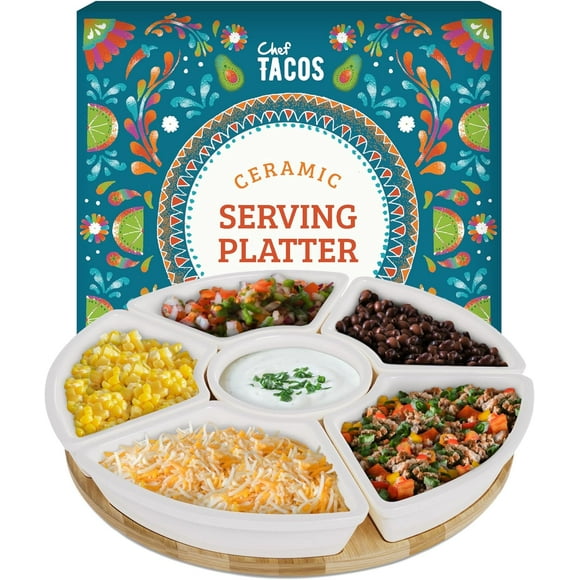 Chef Tacos Ceramic Taco Serving Platter - Divided Serving Tray for Taco Tuesday Lazy Susan Taco Bar - Chip and Dip Serving Set for Party - Appetizer Serving Tray for Salsa, Snacks – Taco Tray 10.2”