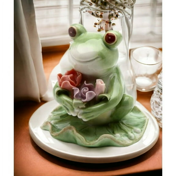 Ceramic Frog Figurine with Flowers 2.75"  Spring Cottagecore