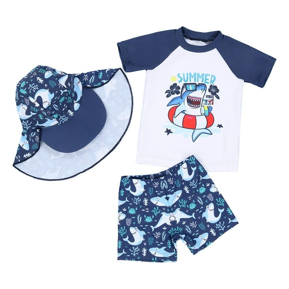 Byoo Toddler Boy Shark Print Swim Set with Sun Hat Short Sleeve Raglan Rash Guard Swim Trunks Clothing Set Beach Outfits