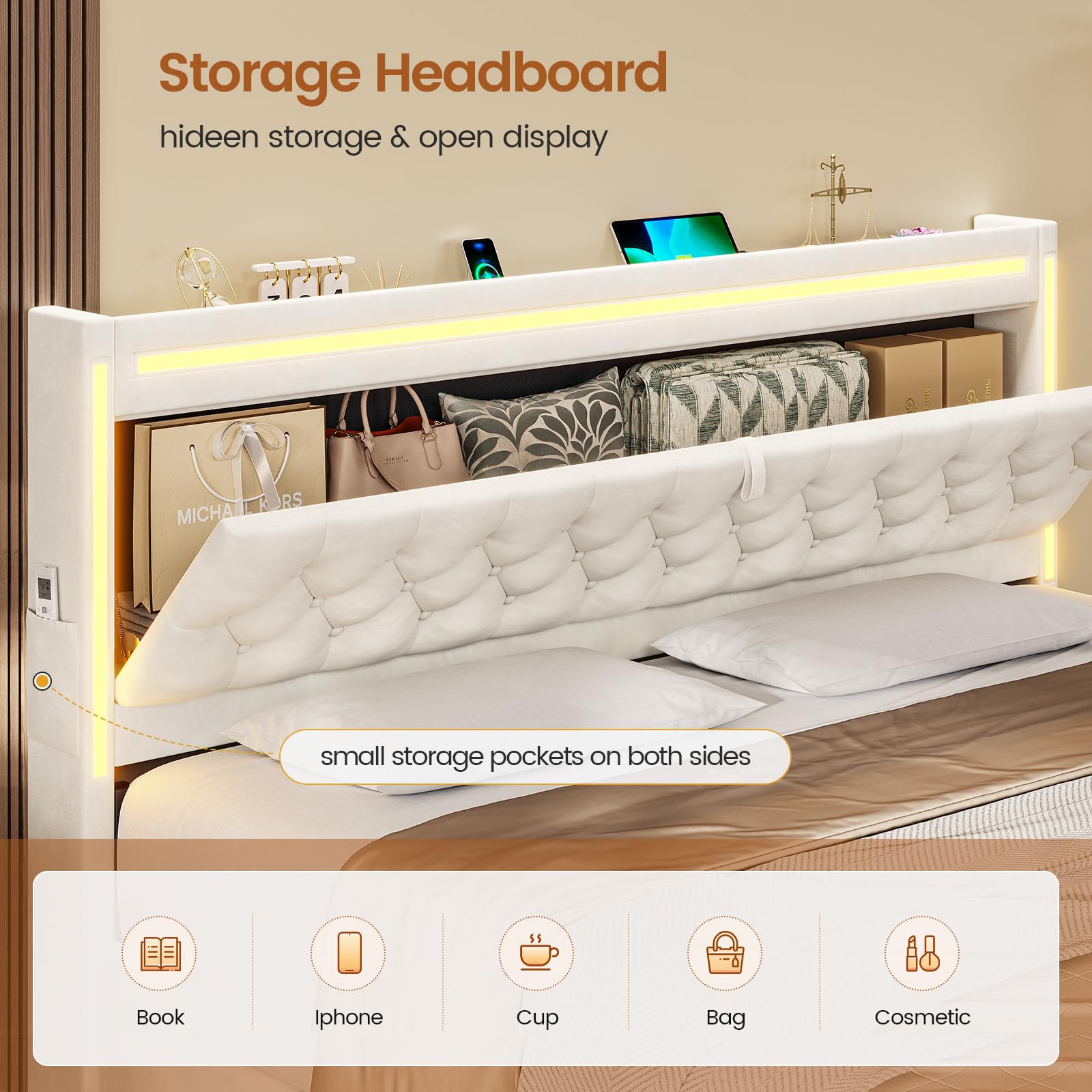 Amuzer  Bed Frame Queen Size with 5 Storage Drawers, Hidden Storage Headboard with LED Light,Charging Station, Velvet Button Tufted Headboard Upholstered Platform Bed, Beige