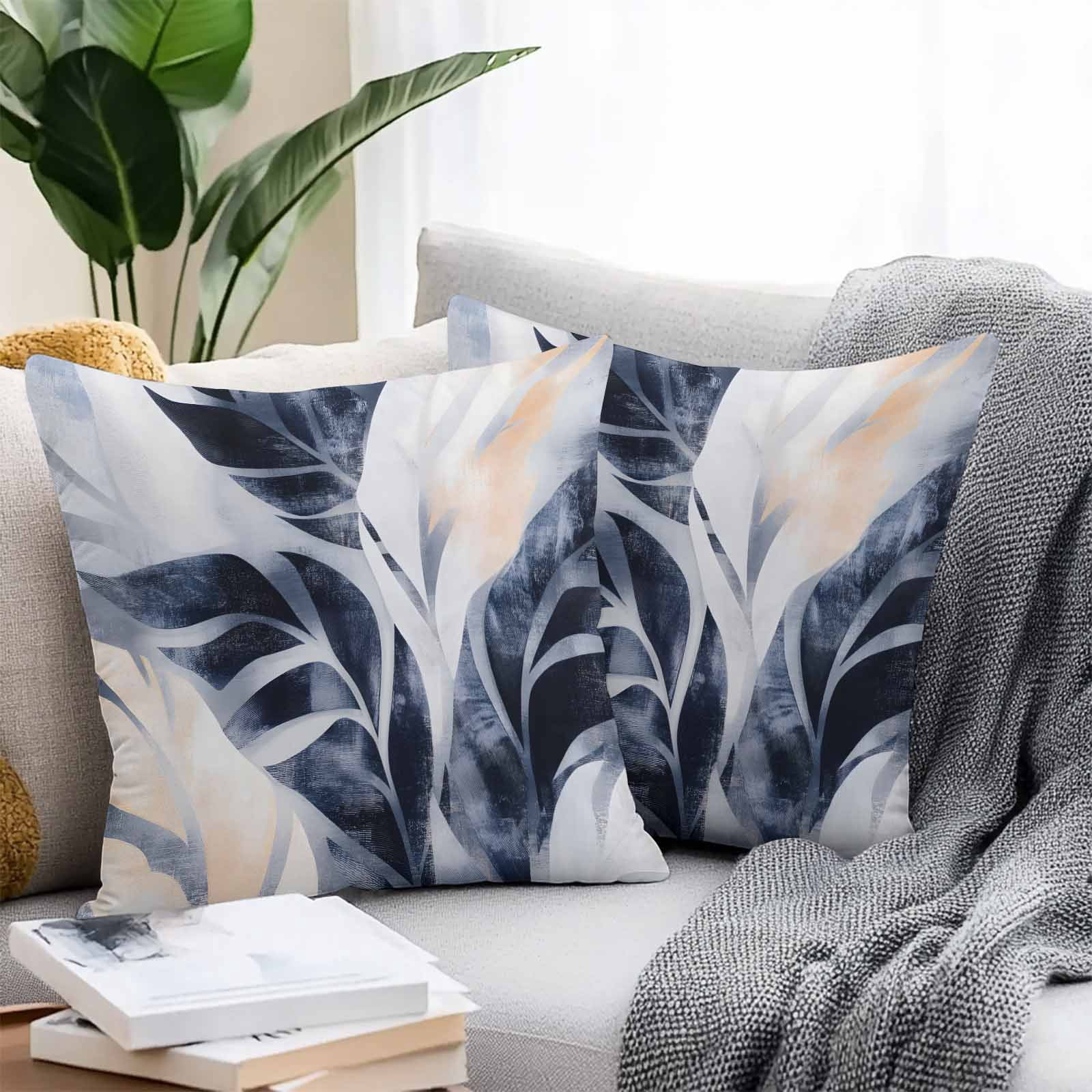 Waterproof Throw Pillow Covers Set of 2, 26x26 Inch Navy Blue Botanical Decorative Pillowcases Outdoor Pillow Slip Cushion Covers Set for Couch Tent Tropical Palm Leaves Vintage