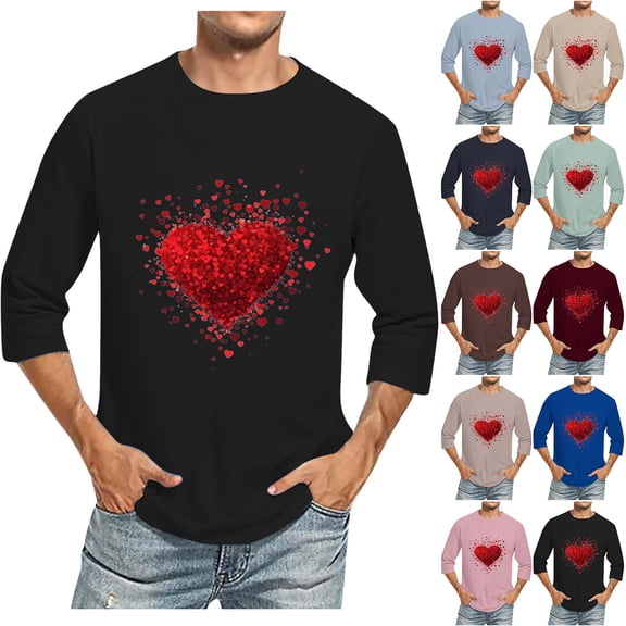 Jinhomg Big and Tall Graphic Tees for Men Novelty Funny Valentines Love Heart Print Tops Lightweight Comfy 3/4 Sleeve Crew Neck Spring Summer T-Shirt Black XXXXL