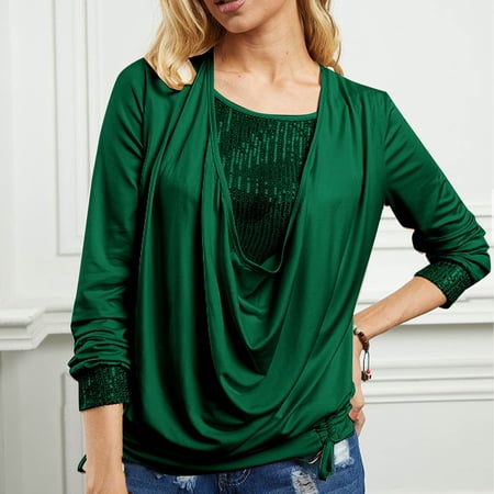 fanshangmao Women Casual Long Sleeved Round Neck Sequin Pleated Elastic Fake Two-Piece Top
