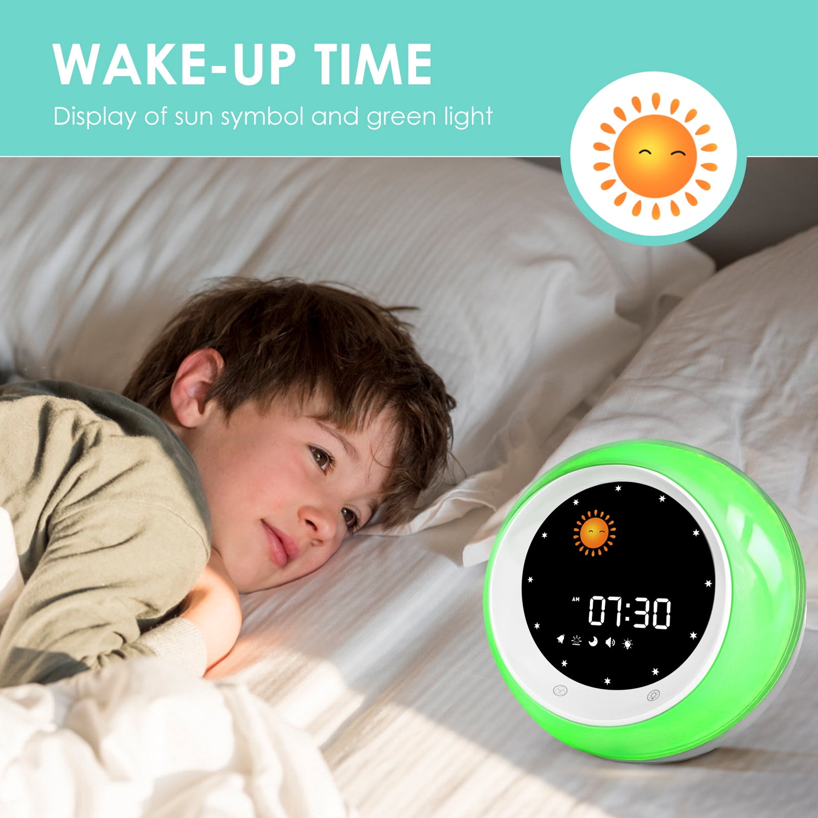 Sun & Moon Rise Kids Alarm Clock, Children's Sleep Trainer ,Sleep Sound Machine, Wake Up Light & Night Light ,Teach Kids Day & Night
