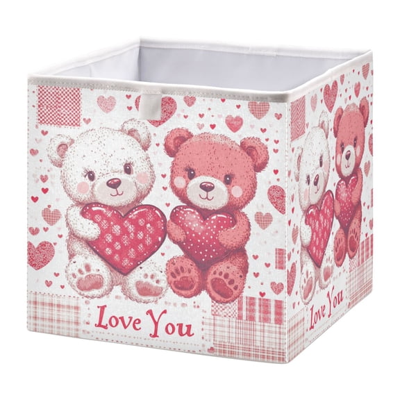 WOBOGO Valentine Teddy Bears Storage Basket Foldable Easy to Clean Durable with Hollow Support Plate with Handle 11.02×11.02×11.02 in