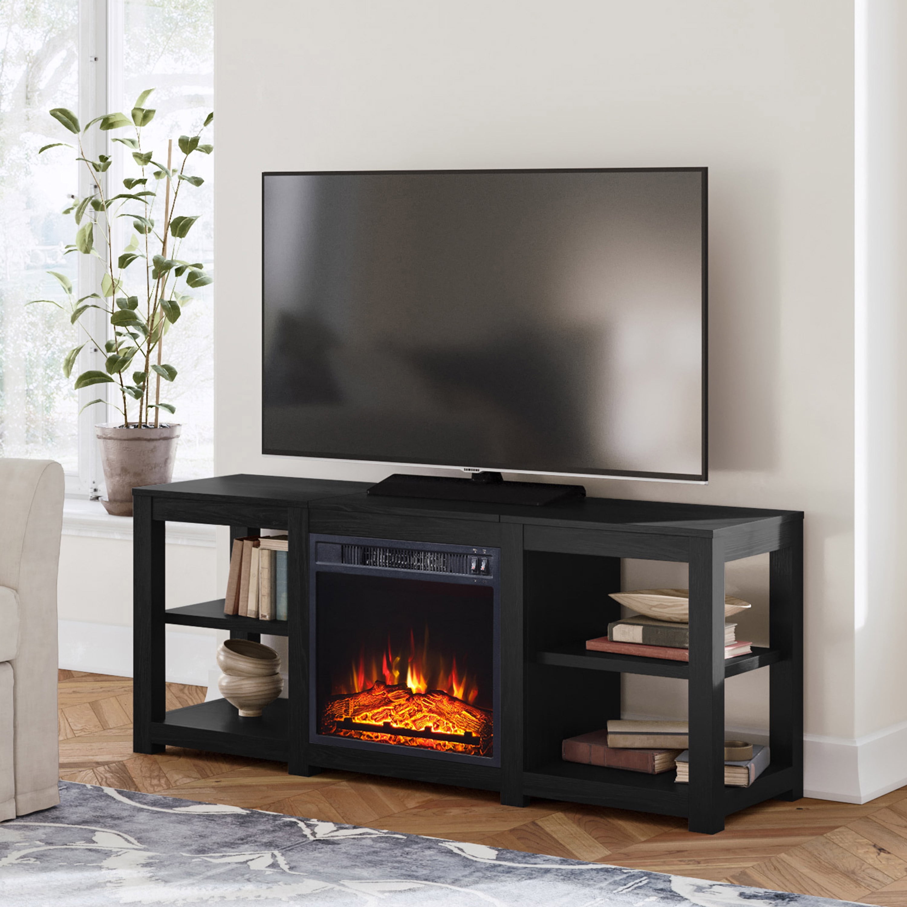 Mainstays 4 Shelf Media Fireplace Tv Stand For Flat Panel Tvs Up To 65 Black Oak Finish Walmart Com Walmart Com