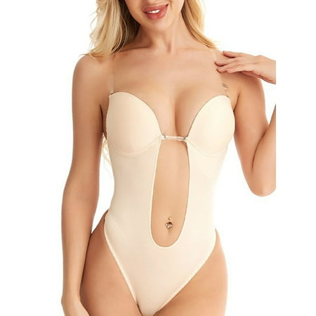 

Invisible Shapers Plunge Backless Body Shaper Bra Bodysuits Seamless Thong Women Deep V-Neck Clear Strap Bra for Party Dresses Beige L