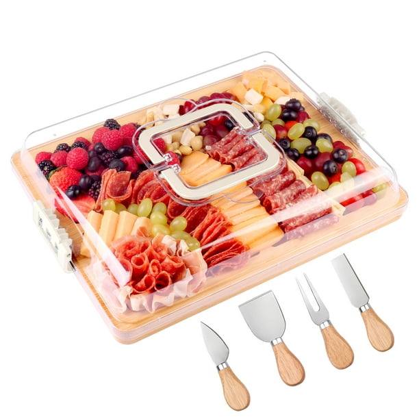 Tabla de charcutería CAWIU con tapa y asa, juego de queso de bambú