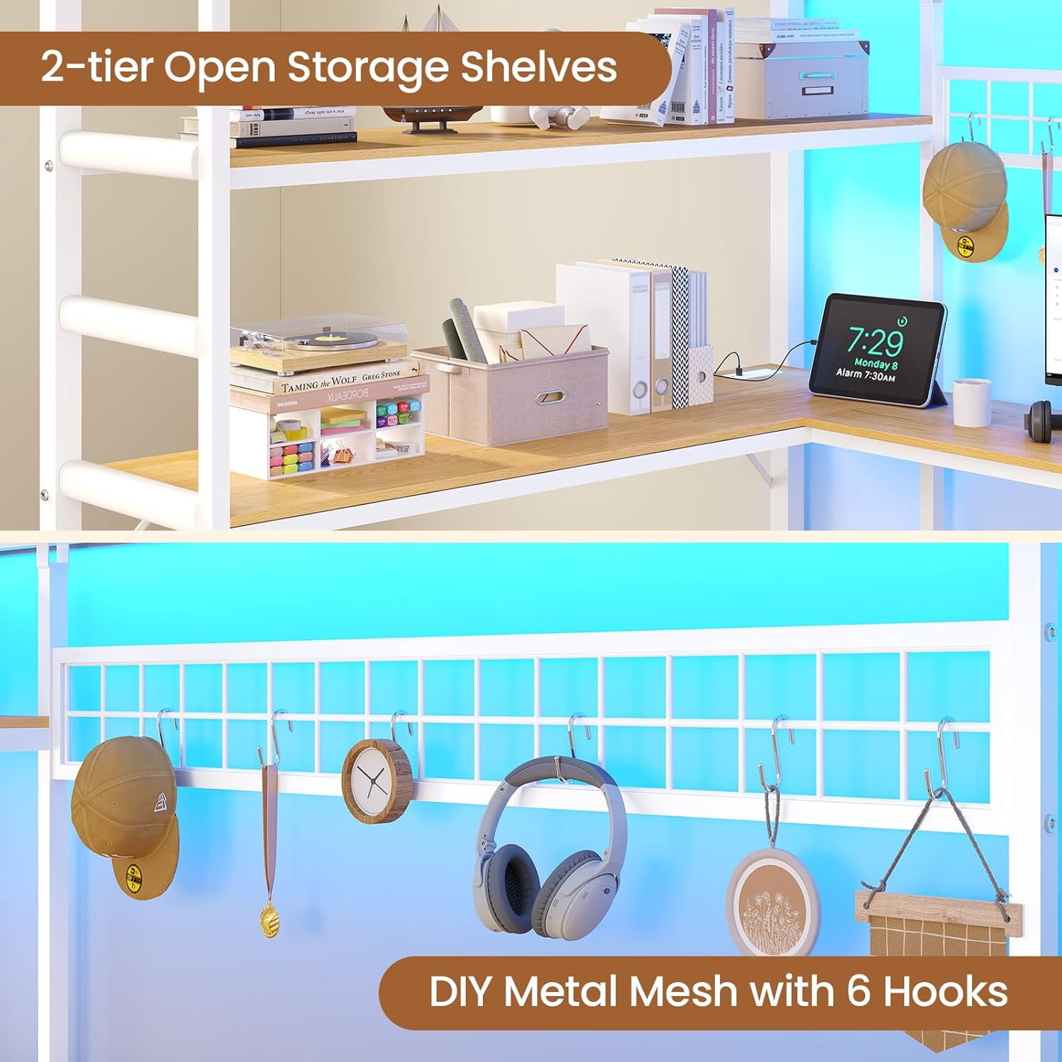 Full Size Loft Bed with Desk and 7 Storage Drawers Metal Full Loft Bed Frame with Led Lights, Charging Station, Storage Shelves, Safety Guardrail and Ladders, White