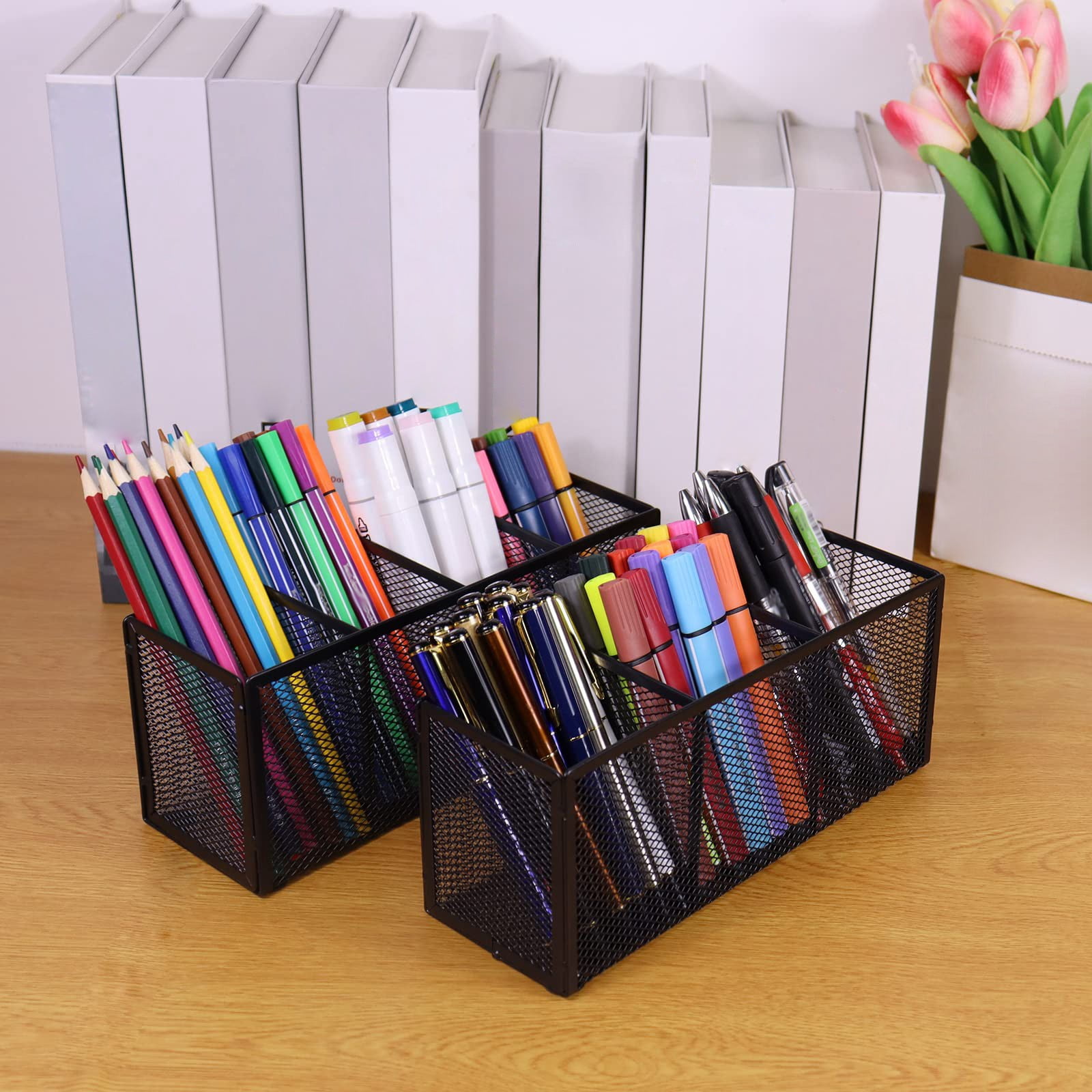 Piwvid Black Metal Mesh Desktop Pen Holder with 3 Compartments, Industrial Style Desk Organizer Stand, Compact Storage Caddy for Brushes Markers and Daily Office Stationery Supplies