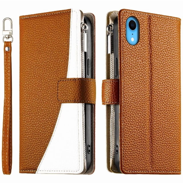 Funda cartera GANGXUN para iPhone XR , cuero PU con tarjetero, cremallera, correa de mano, soporte y protección 992°