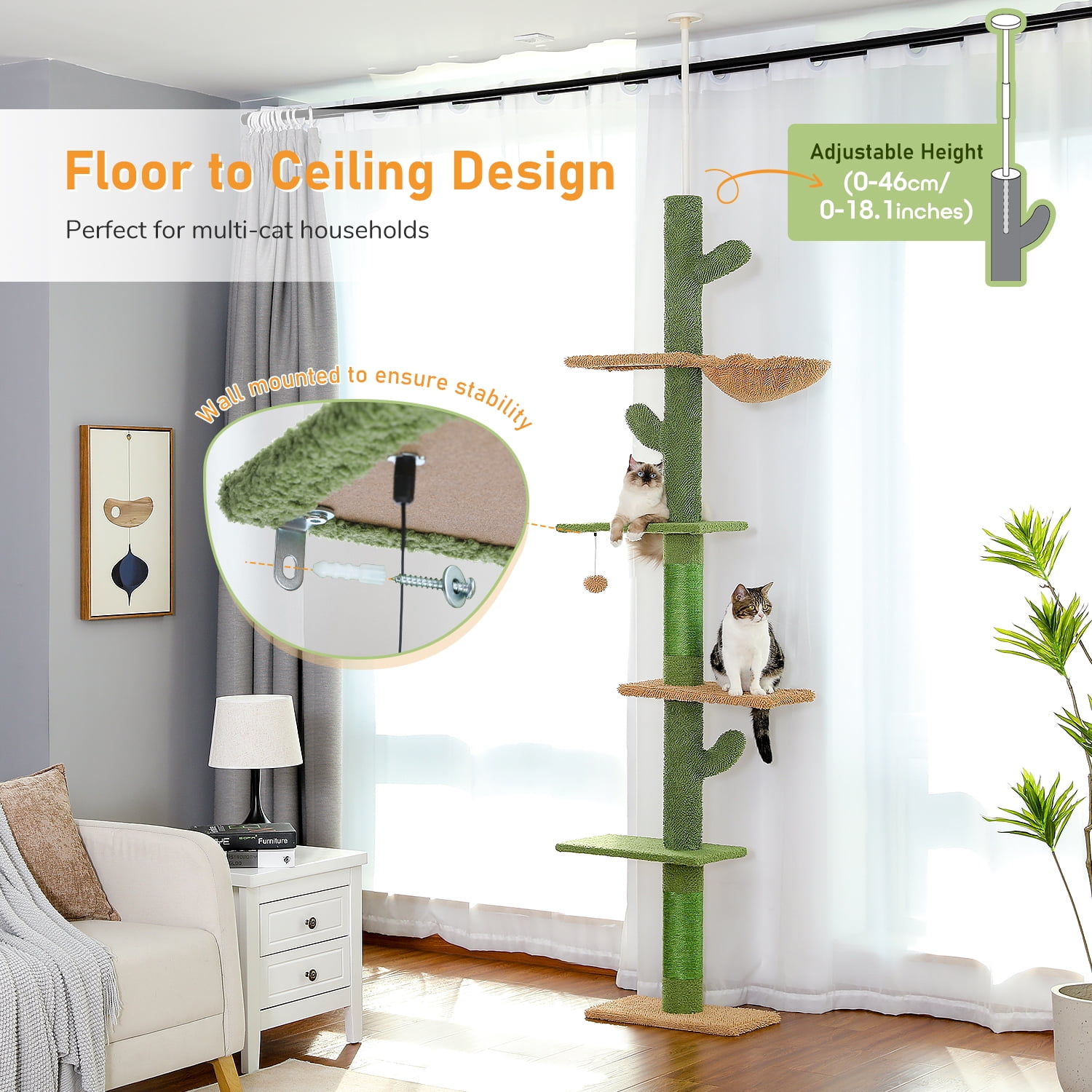 Kadyn Adjustable Height 95"-108" Cactus Cat Tree with Sisal Covered Scratching Post, Hammock, Floor to Ceiling Cat Tree Tower, Green