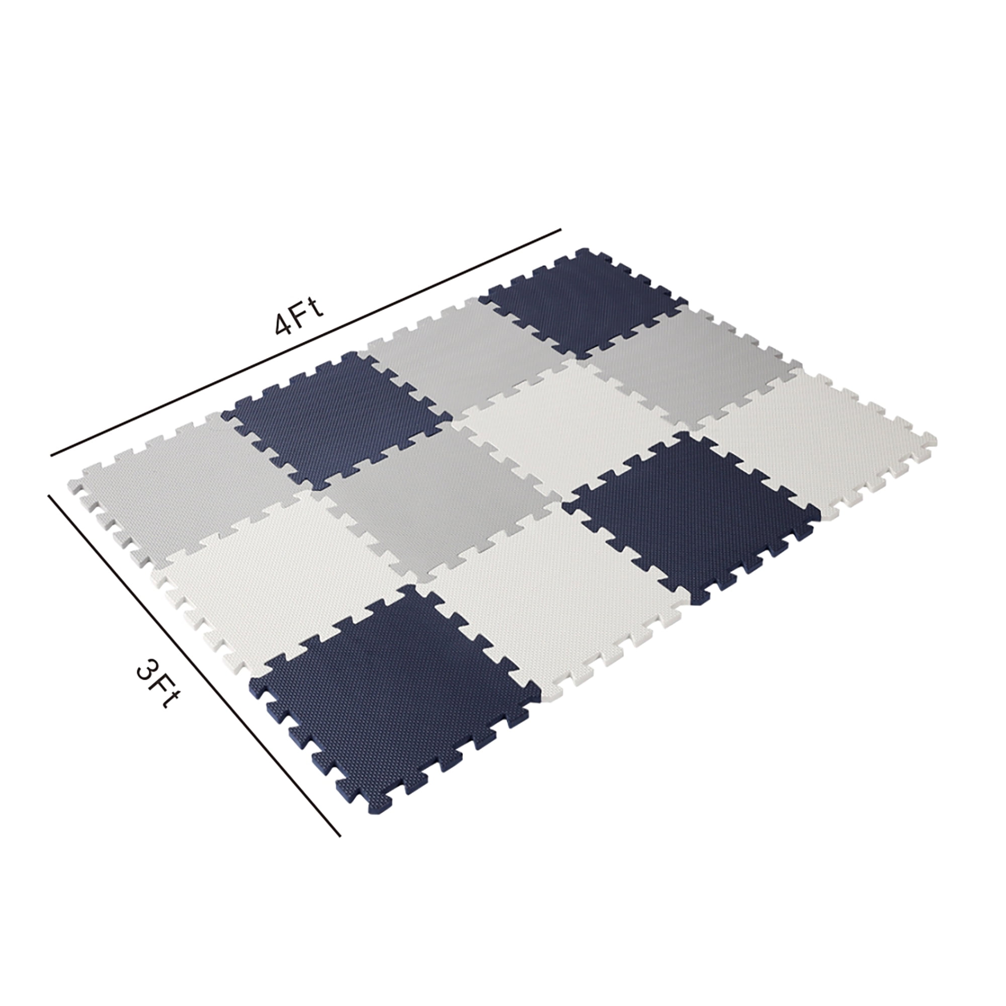 Easy Playhouse: 12 Soft Foam Floor Puzzle Tiles - Blue-Grey-White - 12" Interlocking Mat Pieces (4'x3'), Nursery, Playroom, Gym, Children & Adults