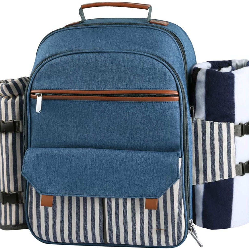 4 Person Picnic Backpack w/ Cooler Insulated Wine Holder & Blanket Chevron Blue 