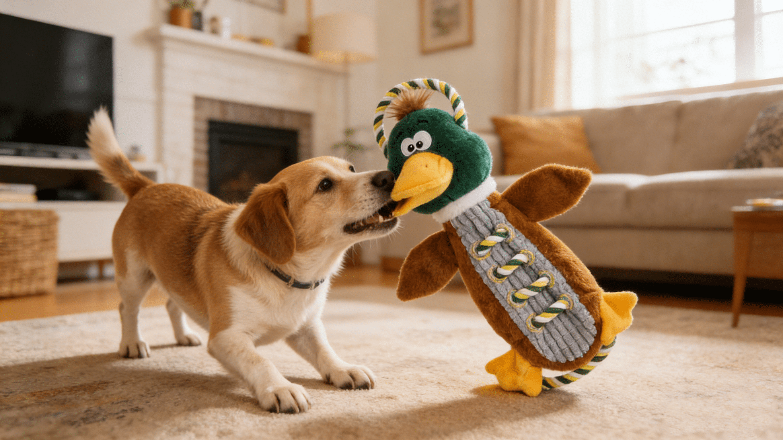 Duck Plush Squeaky Dog Toy, Tug of War Interactive Chew Toy with Rope, Durable Teeth Cleaning Pet Toy for Small to Medium Dogs