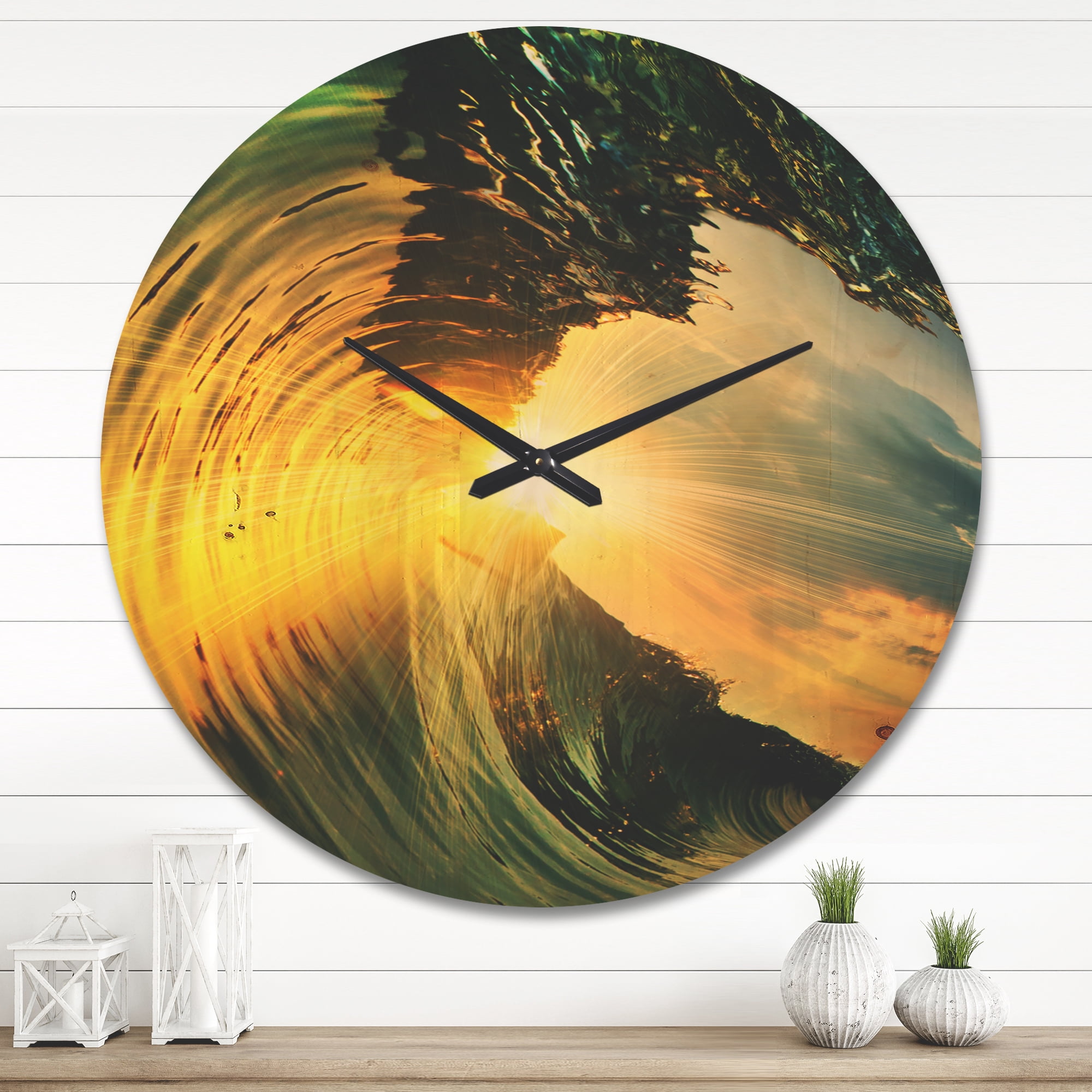 Designart 'Colored Ocean Waves Falling Down At Sunset VII' Coastal Wood Wall Clock