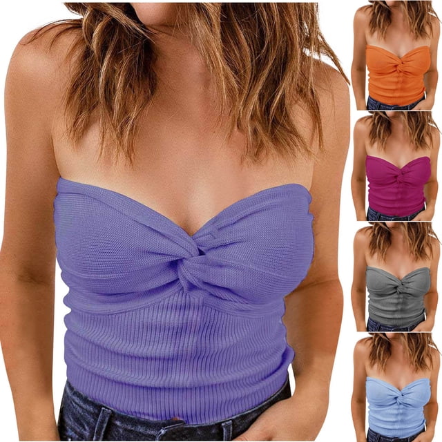 Qtocio Ribbed Knit Tops for Women Strapless Sleeveless Tube Top Solid Color Casual Basic Soft Tee Shirts