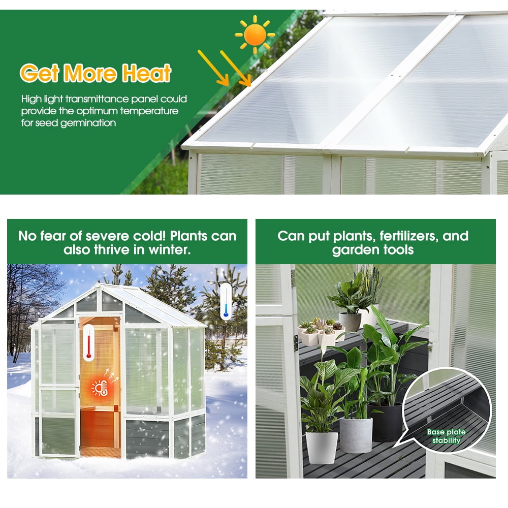 6' x 4' Walk-in Polycarbonate Greenhouse, Outdoor Garden Greenhouse for Plants in Winter, Grow House with Sturdy Cold Wooden Frame, Drain Hole and Front Entry Doors, D6338