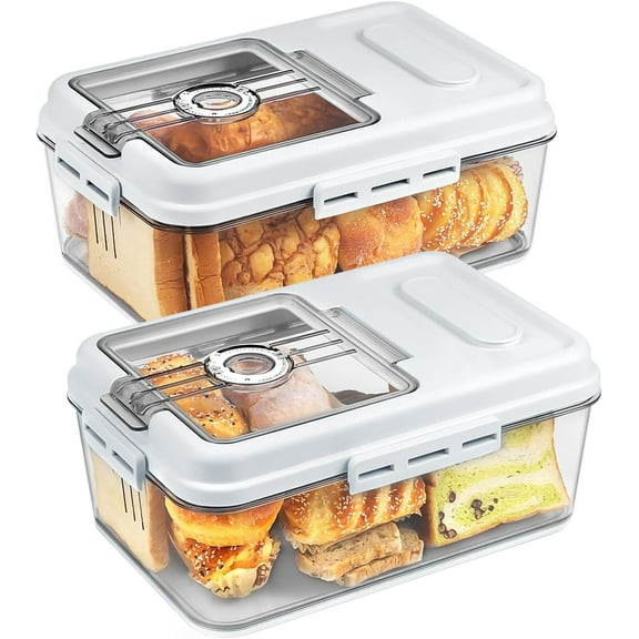 2 Pack Bread Box for Kitchen Countertop Airtight Bread Storage Container with Lid Time Recording Plastic Bread Keeper for Homemade Bread, Toast, Loaf and Cookies