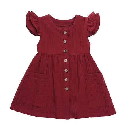 

Chaoren Girl Dress Ruffle Sleeve Large Hem Solid Color Buttons Bowknot Cotton Dress for Spring/Summer