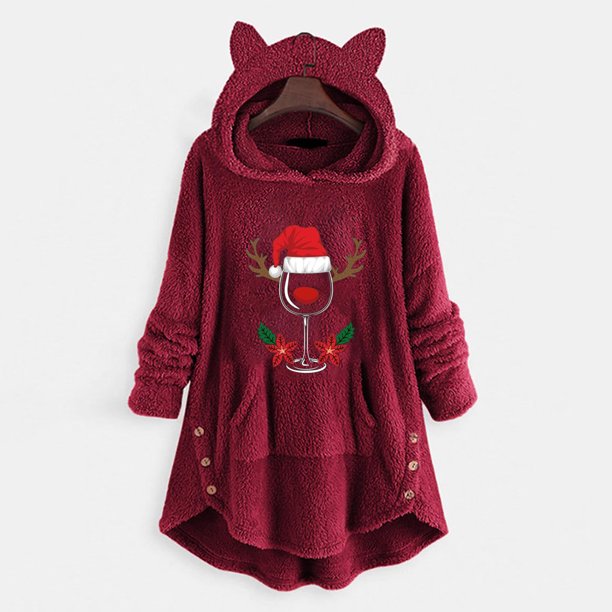 Puntoco Mujer Casual Navidad Impresión Botones De Felpa Manga Larga Con Capucha Abrigo De Felpa Top Puntoco Puntoco-4872