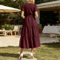 thumbnail image 4 of Bysome Women Dresses Solid Color Short Sleeve V-Neck Pleated Flowy Dress Summer Fashion Women Dress Size L Brown, 4 of 5
