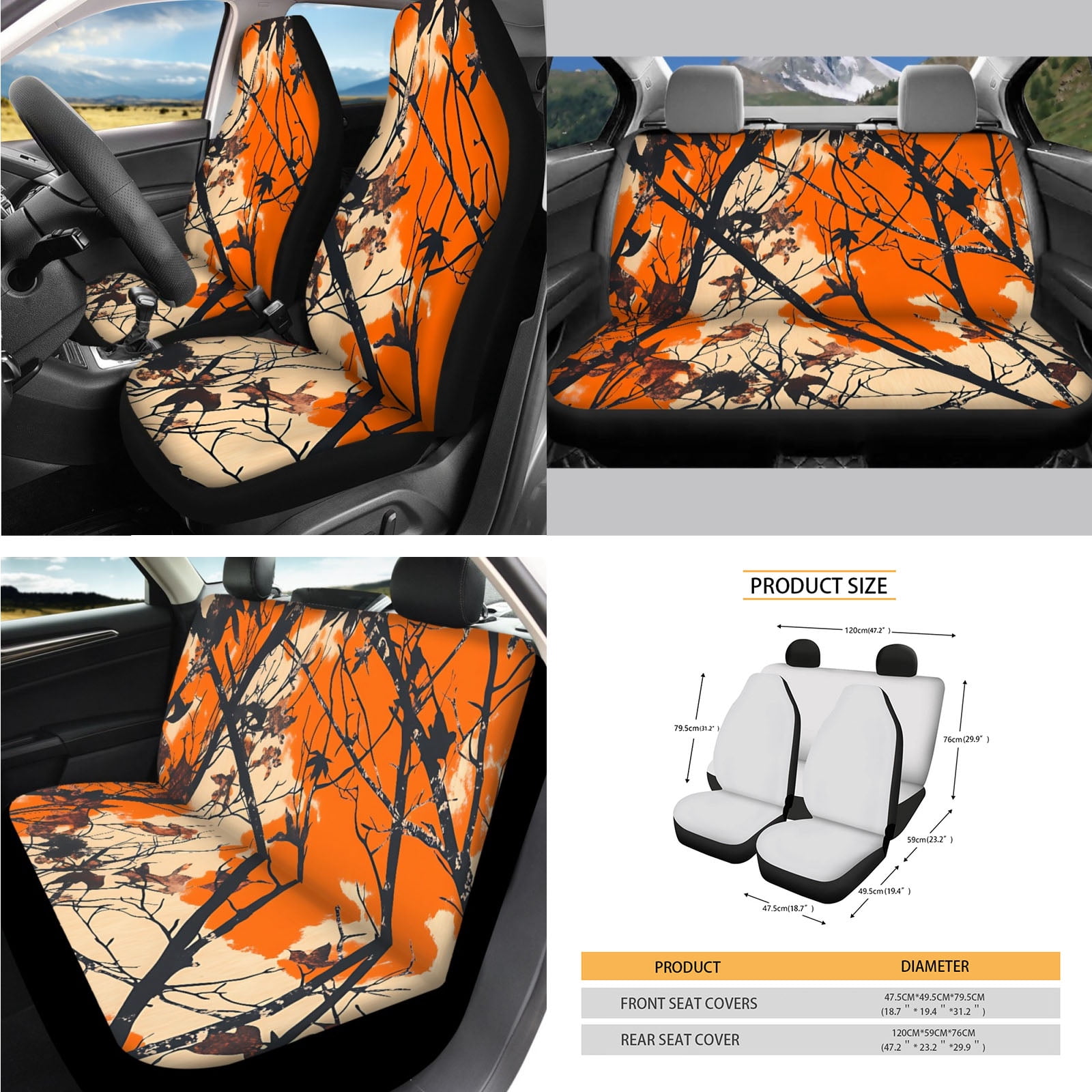 Yuyamidu Camo Hunting Car Seat Covers Full Set of 14 Orange Wood Steering Wheel Cover Seat Belt Pad Cover Waste Bin Rear View Mirror Cover Coasters Armrest Cover Handbrake Cover Set Car Decor
