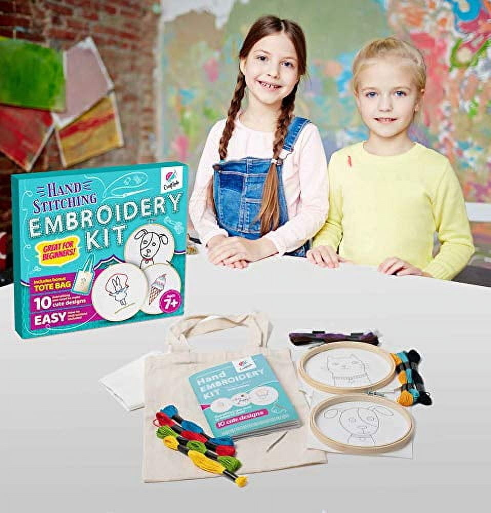 CraftLab Kids Embroidery Kit for Beginners, Kids Craft Starter Kit Gift for Ages 7 to 13, Includes 10 Projects, Embroidery Hoops, Fabric, Patterns,