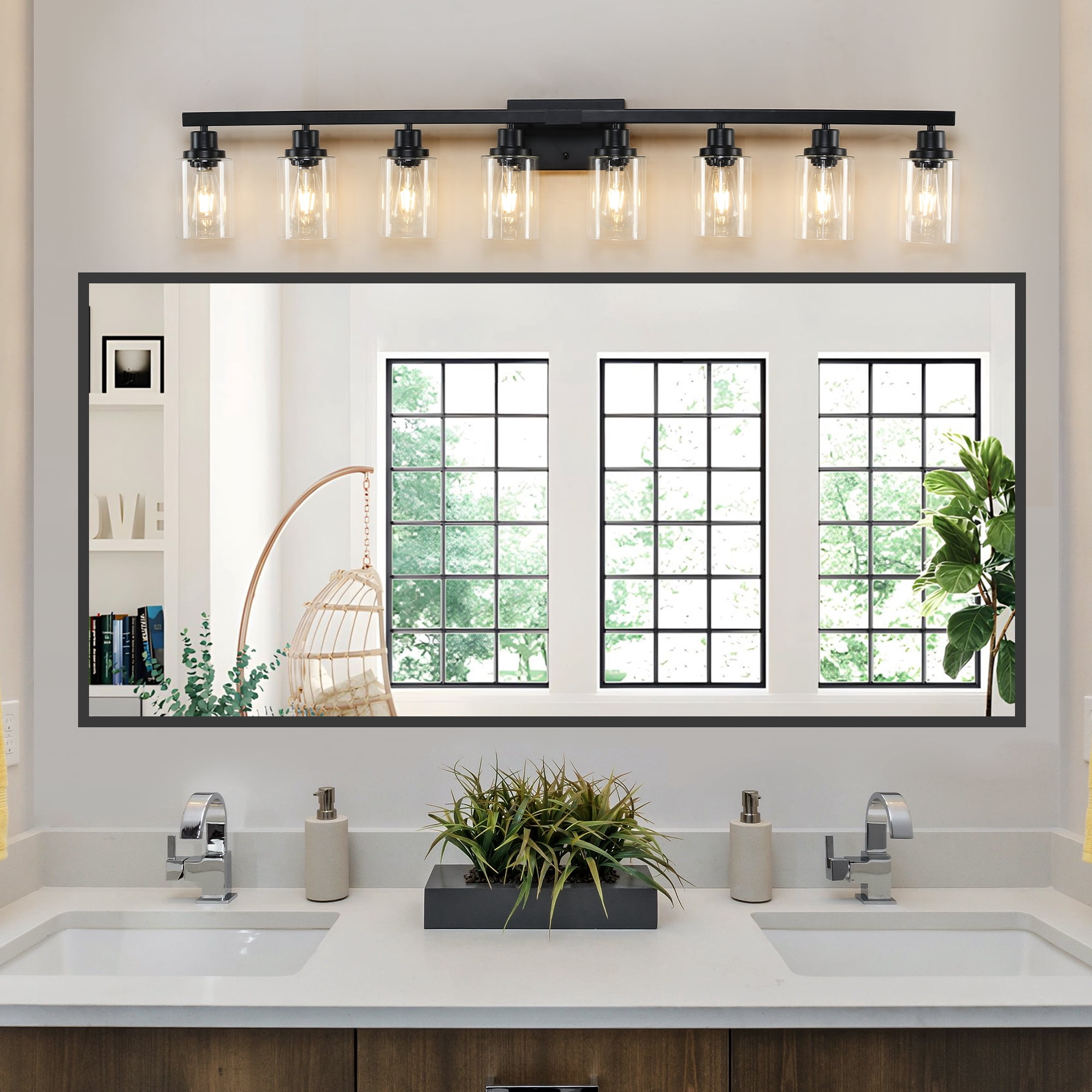 Leumius Modern Black 8-Light Bathroom Vanity Light Fixture, Industrial Wall Sconce with Clear Glass Shades for Mirror, Bathroom, Bedroom and Hallway (No Bulbs)