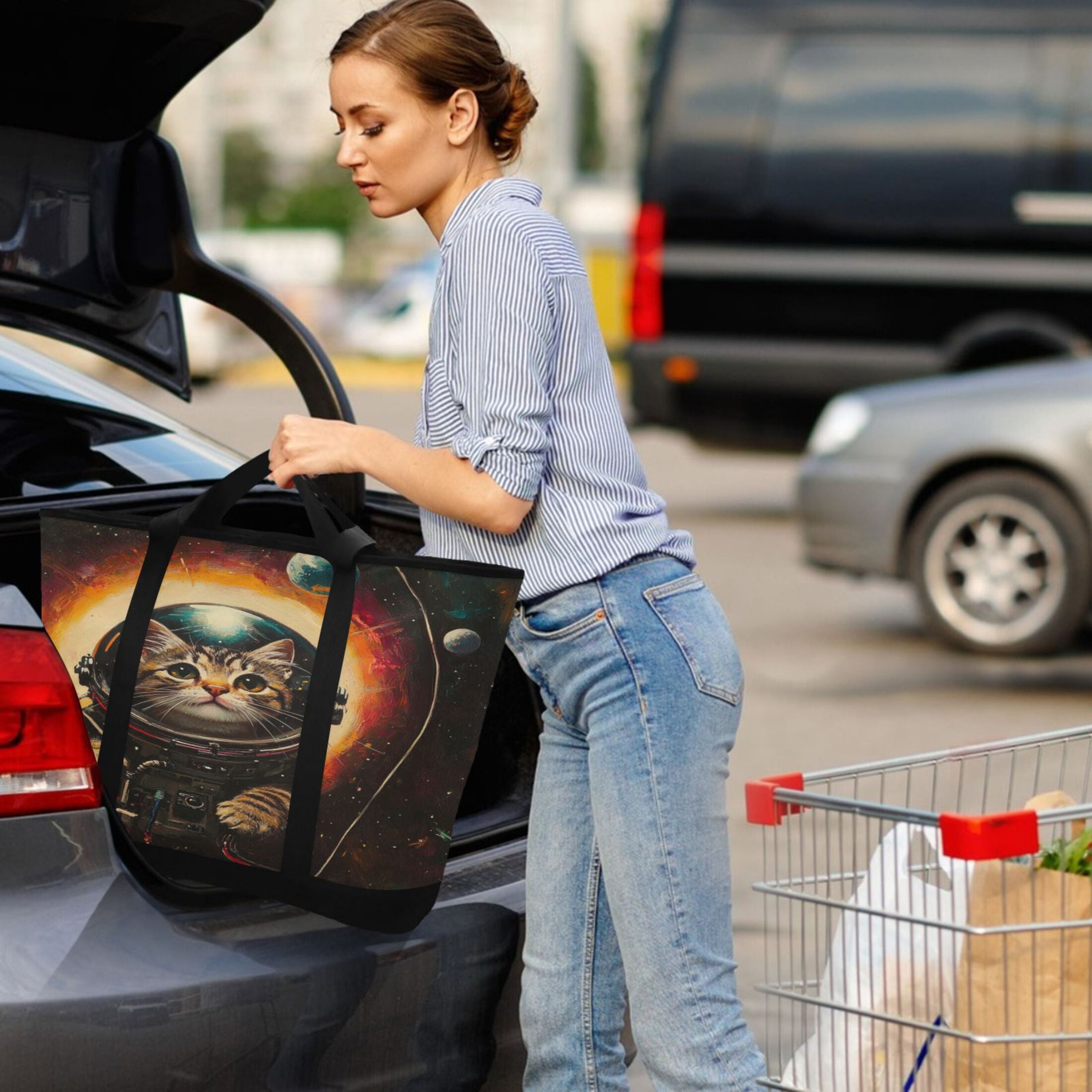 Large Hand-held Ice Pack Picnic Bag Insulation and Refrigeration Suitable for Shopping Picnics and Camping Astronaut Black Cat