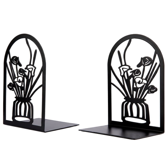 Unique Bargains Floral Metal Flower Design Bookends for Shelves Black Style A 4.7"x3.5"x7"