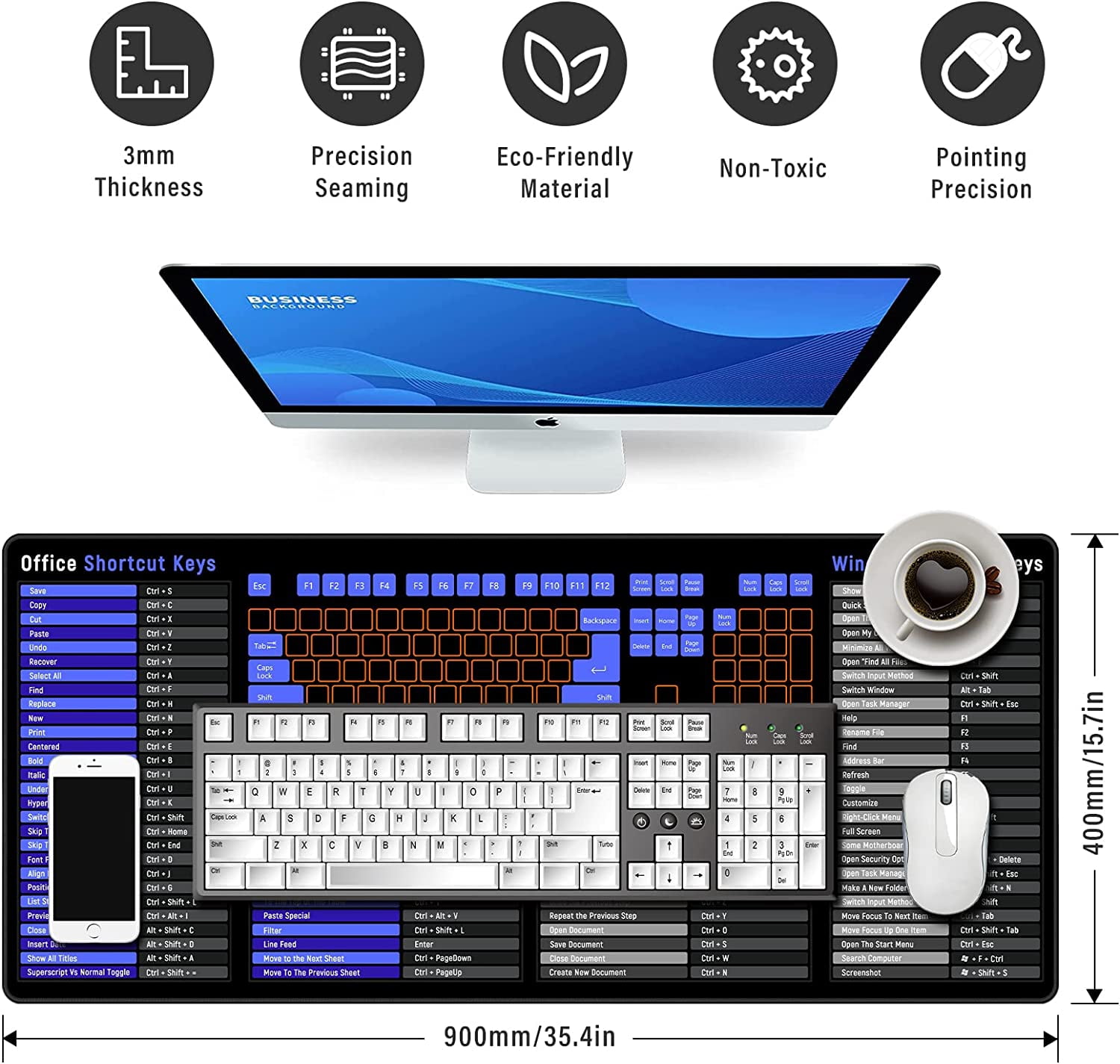 Large Computer Gaming Mouse Pad,Keyboard Shortcut Keys Guide Mousepad Non-Slip Rubber Base Desk Mat for Gamer, Office & Home PC (35.4x15.7x0.12In,English Shortcut)