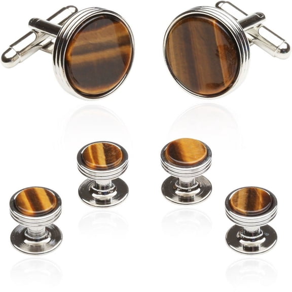 Tigers Eye Tuxedo Formal Set Cufflinks Studs Silver