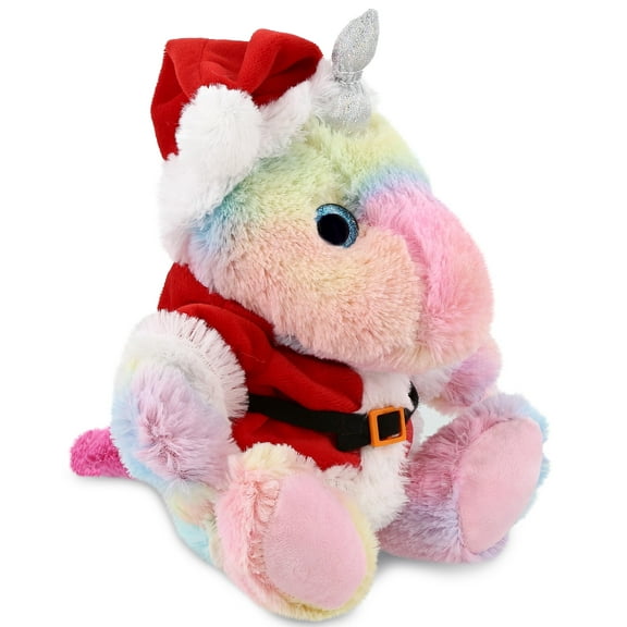 DolliBu Santa Sitting Rainbow Unicorn Stuffed Animal Plush Toy - Super Soft Dress Up with Red Santa Claus Outfit, Cute Unicorn Gift Perfect Holiday Christmas Gift - 10 Inches