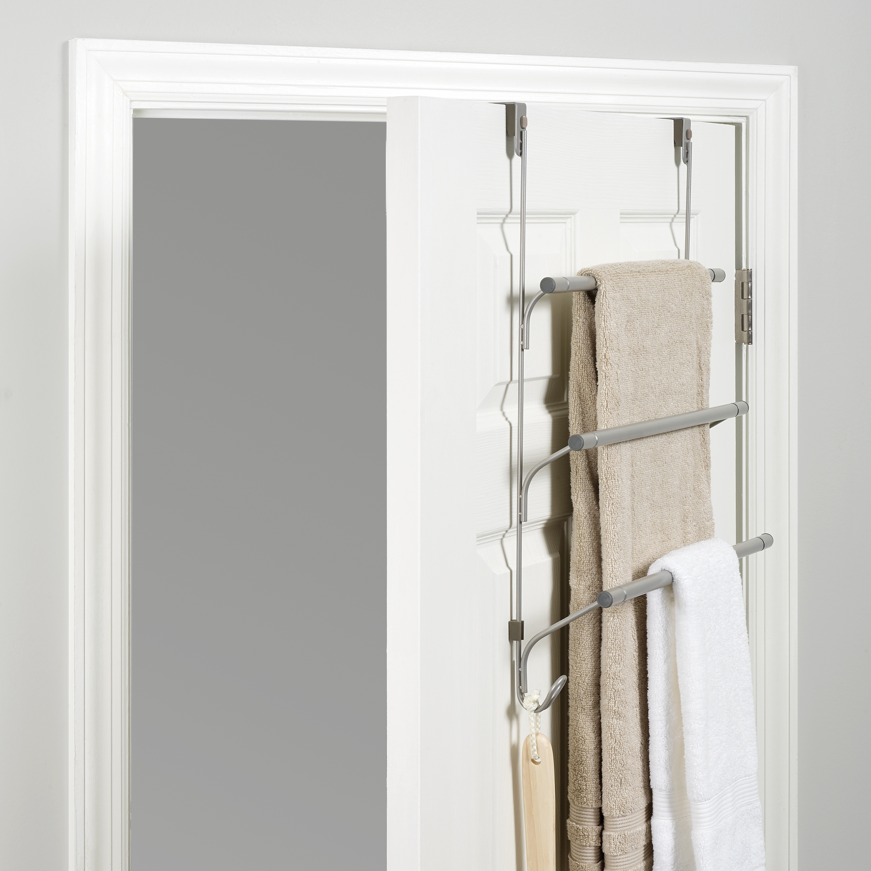 Mainstays SnugFit Over-the-Door 3-Tier Towel Bar with 2 Hooks, Satin Nickel - image 2 of 8