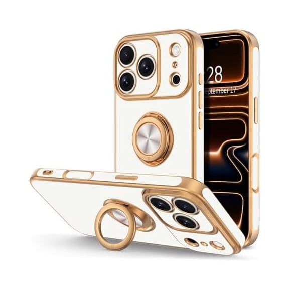 for iPhone 17 Pro Case with Ring Stand, 360° Rotatable Ring Holder Magnetic Kickstand, Plating Rose Gold Edge Soft Cover Protective Phone Case for iPhone 17 Pro 6.3", White