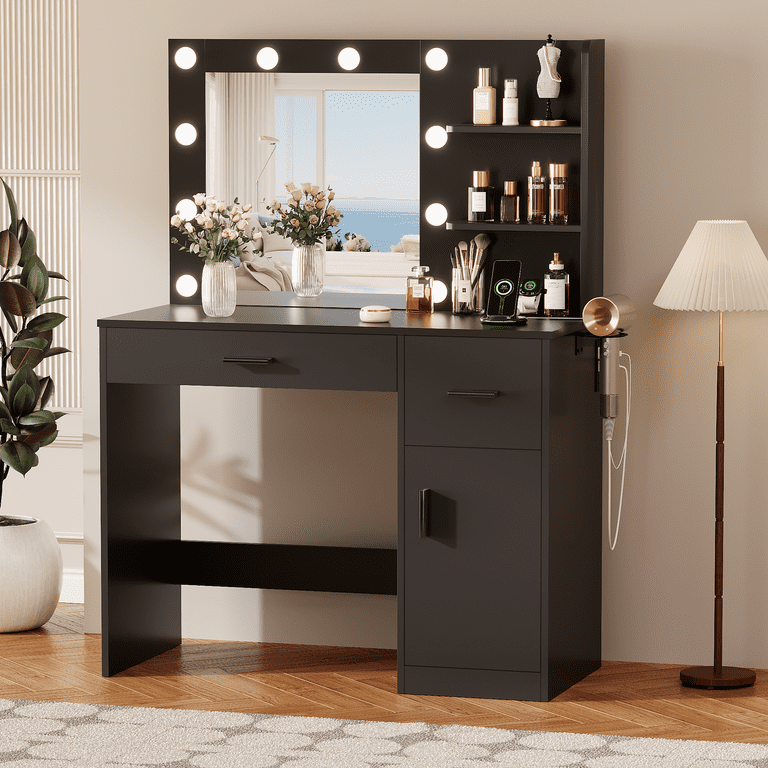 Lacoo Makeup Vanity Desk with Lights & Charging Station, Vanity Set with Mirror, Storage Shelves & Drawers, Vanity Table for Bedroom Dressing Room, Black